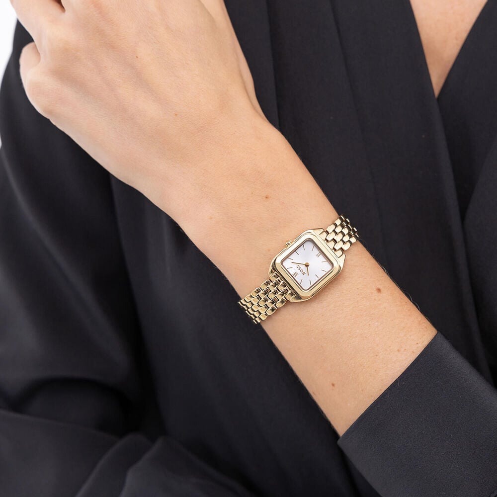 BOSS Mae Petite 22mm Square Silver Dial Gold Tone Steel Bracelet Watch image number 5