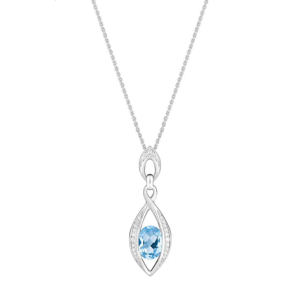 9ct white gold blue topaz and 0.12 carat diamond marquise-shaped pendant image number 0