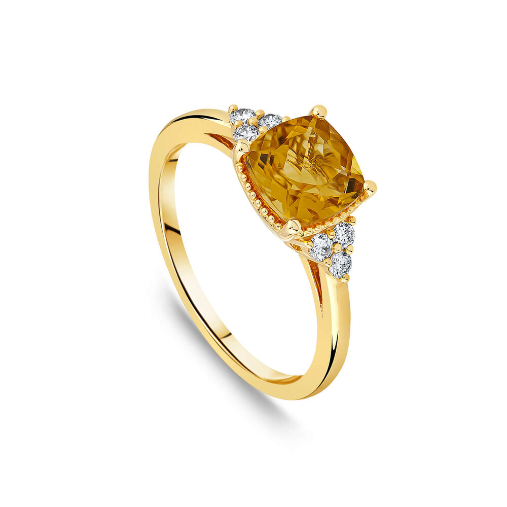9ct Yellow Gold Cushion Citrine & 0.13ct Diamond Trefoil Sides Ring image number 0