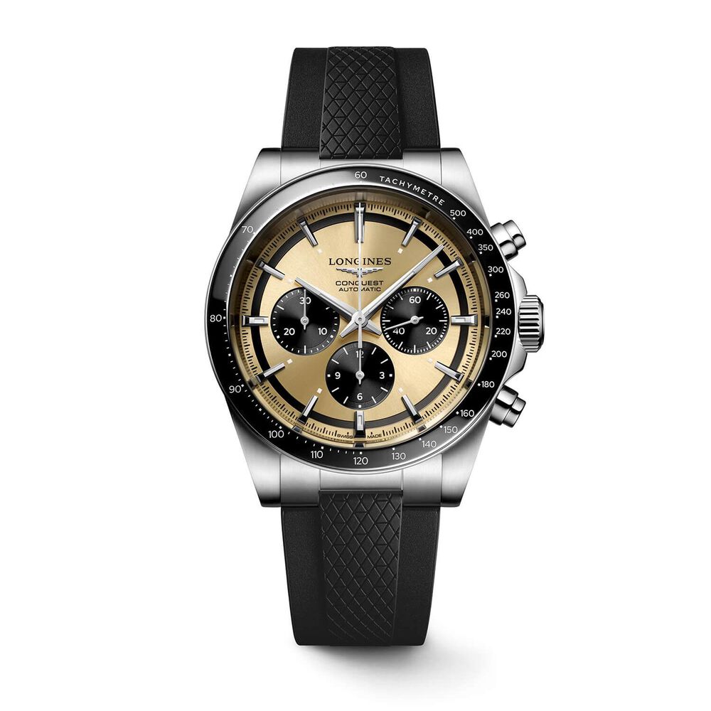 Longines Conquest Chronograph 42mm Champagne Dial Black Rubber Strap Watch