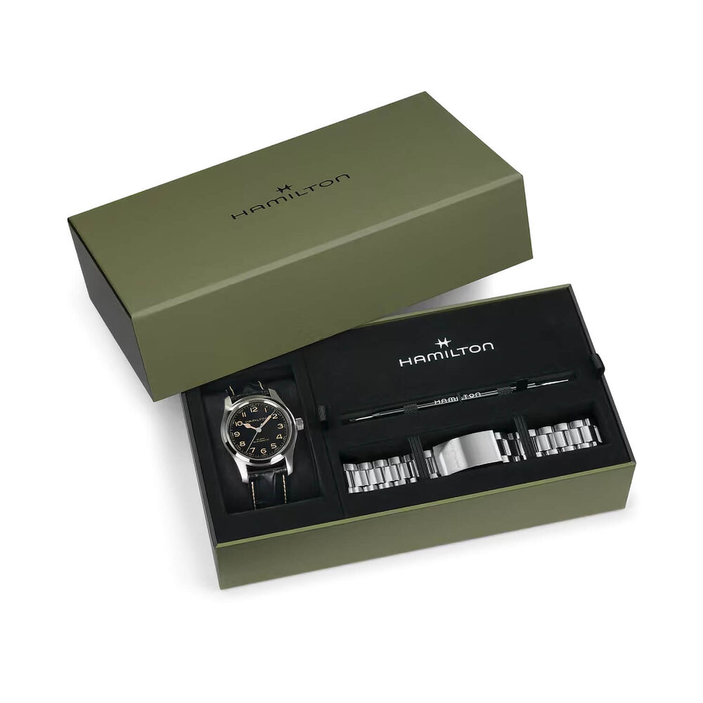 Hamilton Khaki Field Murph Auto 42mm Black Dial Leather Strap & Steel Bracelet Bundle Watch image number 4