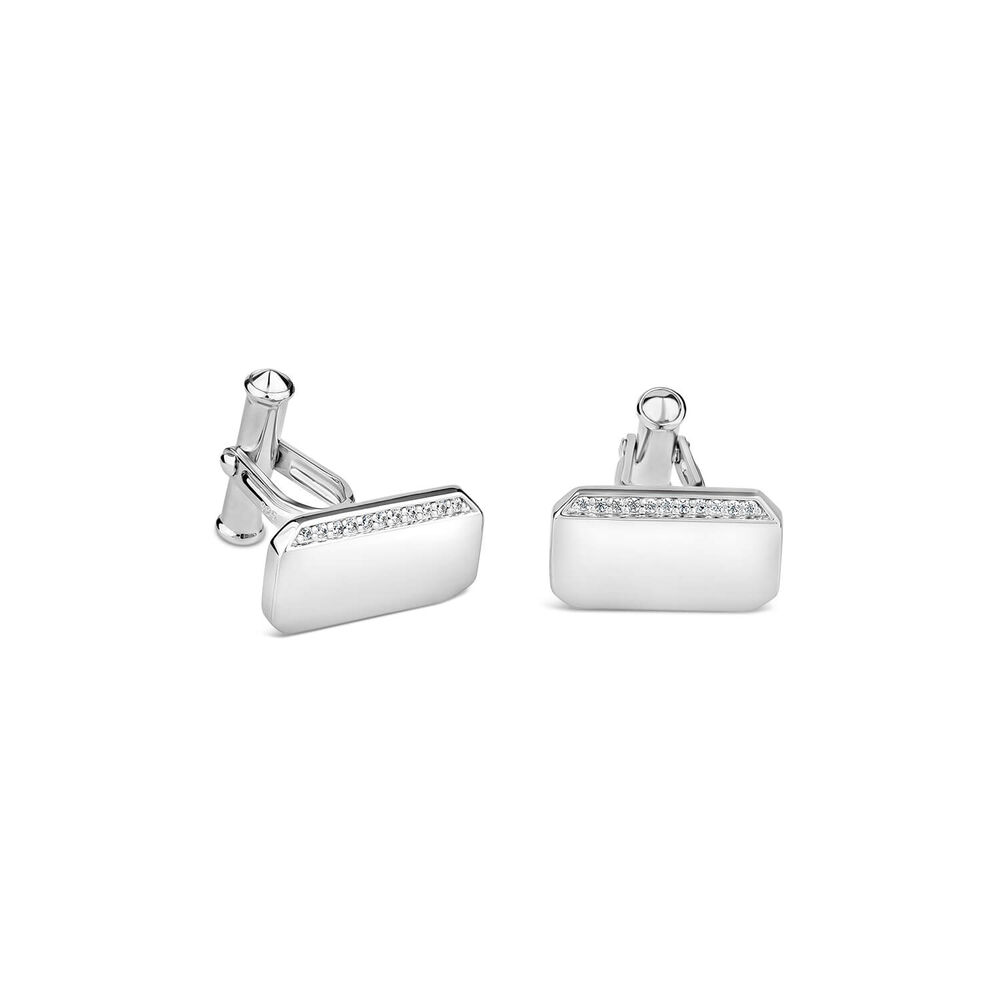 Sterling Silver Rectangular Polished Cubic Zirconia Set One Line Cufflinks image number 0