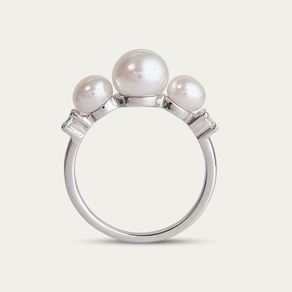 Sterling Silver 3 Freshwater Pearls Cubic Zirconia Sides Ring