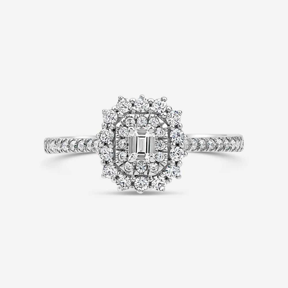 Platinum 0.50ct Double Cluster & Emerald Cut Centre Diamond Shoulders Ring image number 1