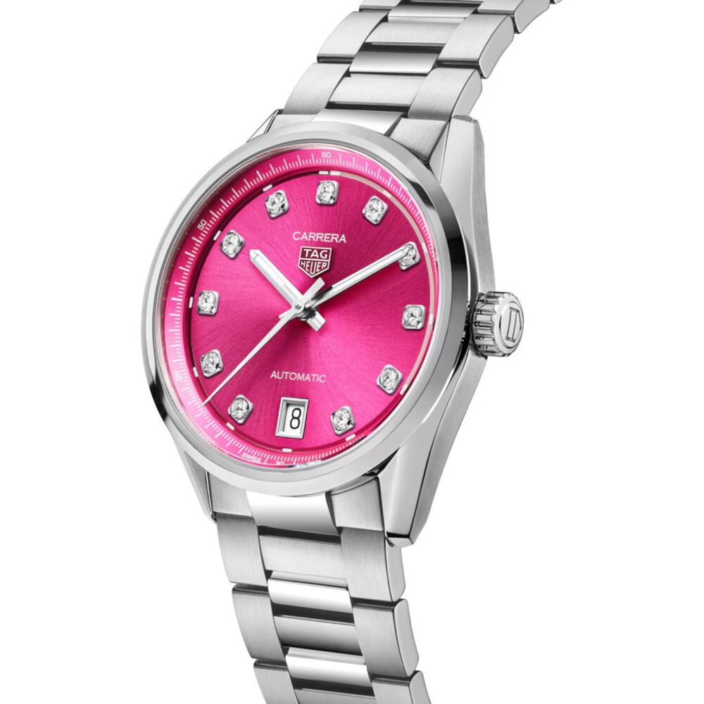 TAG Heuer Carrera Date 36mm Pink Dial Diamond Dots Steel Bracelet Watch image number 1