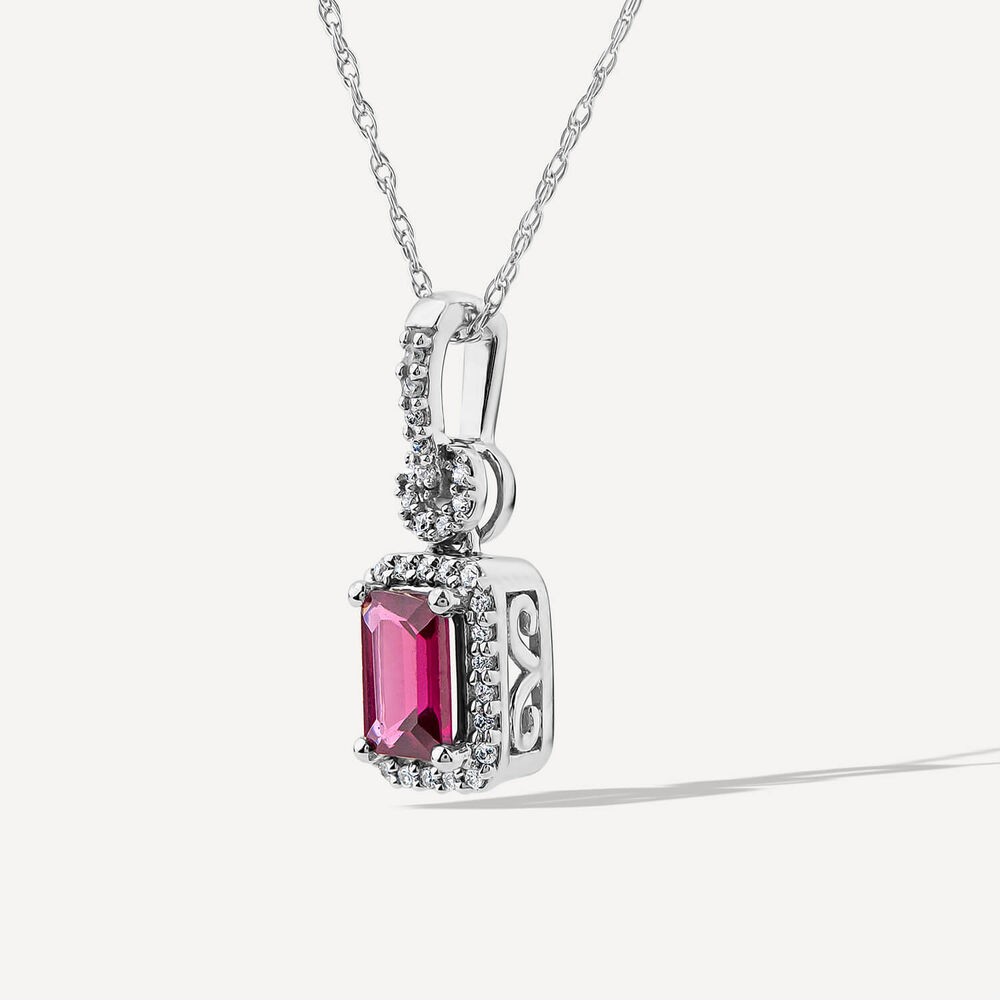 9ct White Gold Rectangular Rhodolite Garnet & 0.10ct Diamond Halo Pendant