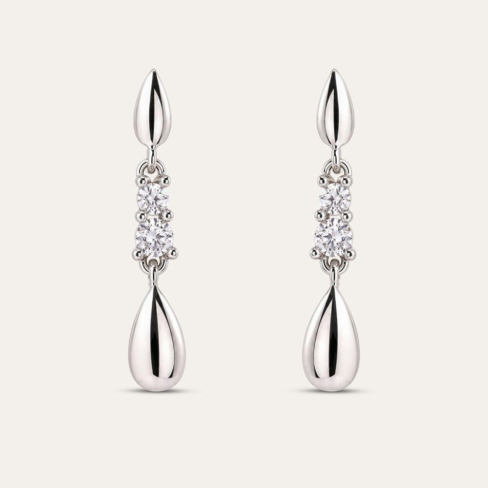 9ct White Gold Double Cubic Zirconia Polished Tears Drop Earrings