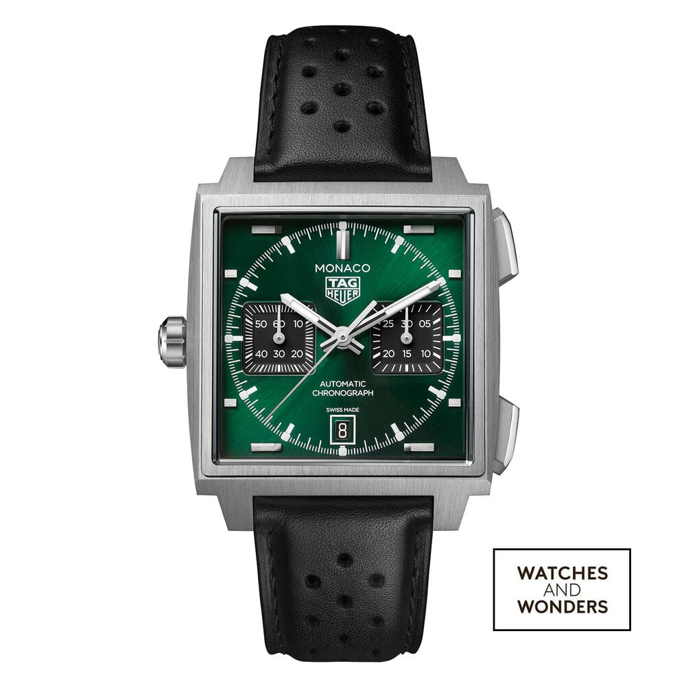 TAG Heuer Monaco Chronograph 39mm Green Dial Black Leather Strap Watch