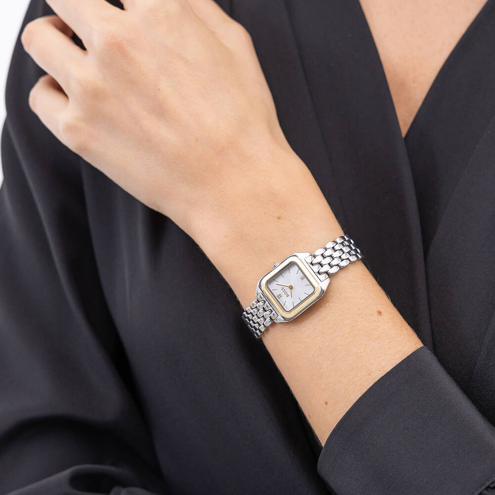 BOSS Mae Petite 22mm Square Silver Dial Gold Tone Bezel Steel Bracelet Watch image number 5