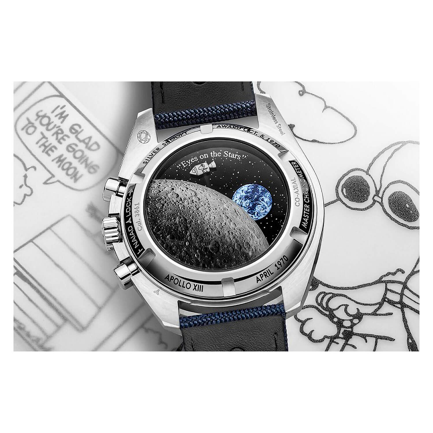 Omega Speedmaster Silver Snoopy Award Chronometer Steel Case Blue Strap Watch