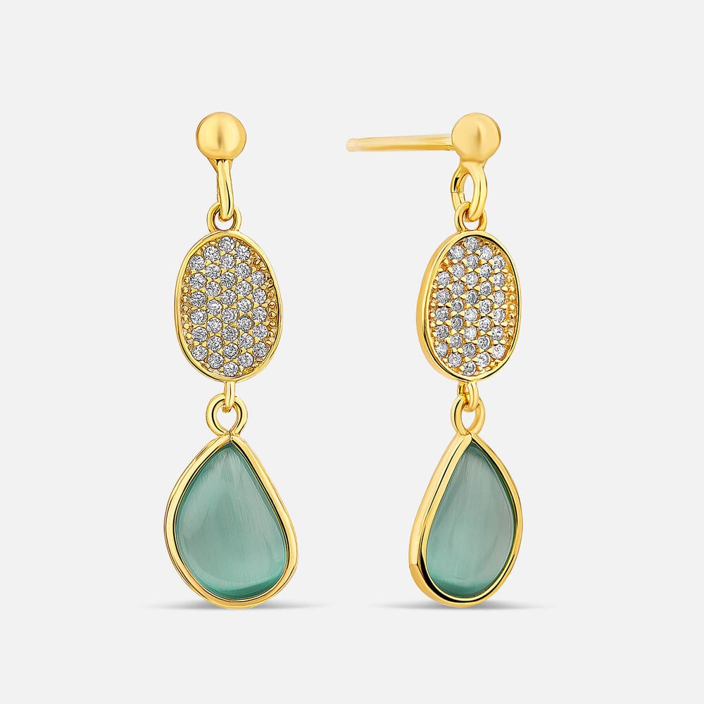 Yellow Gold Plated Vermeil Sterling Silver Pave Cubic Zirconia & Green Teardrop Drop Earrings
