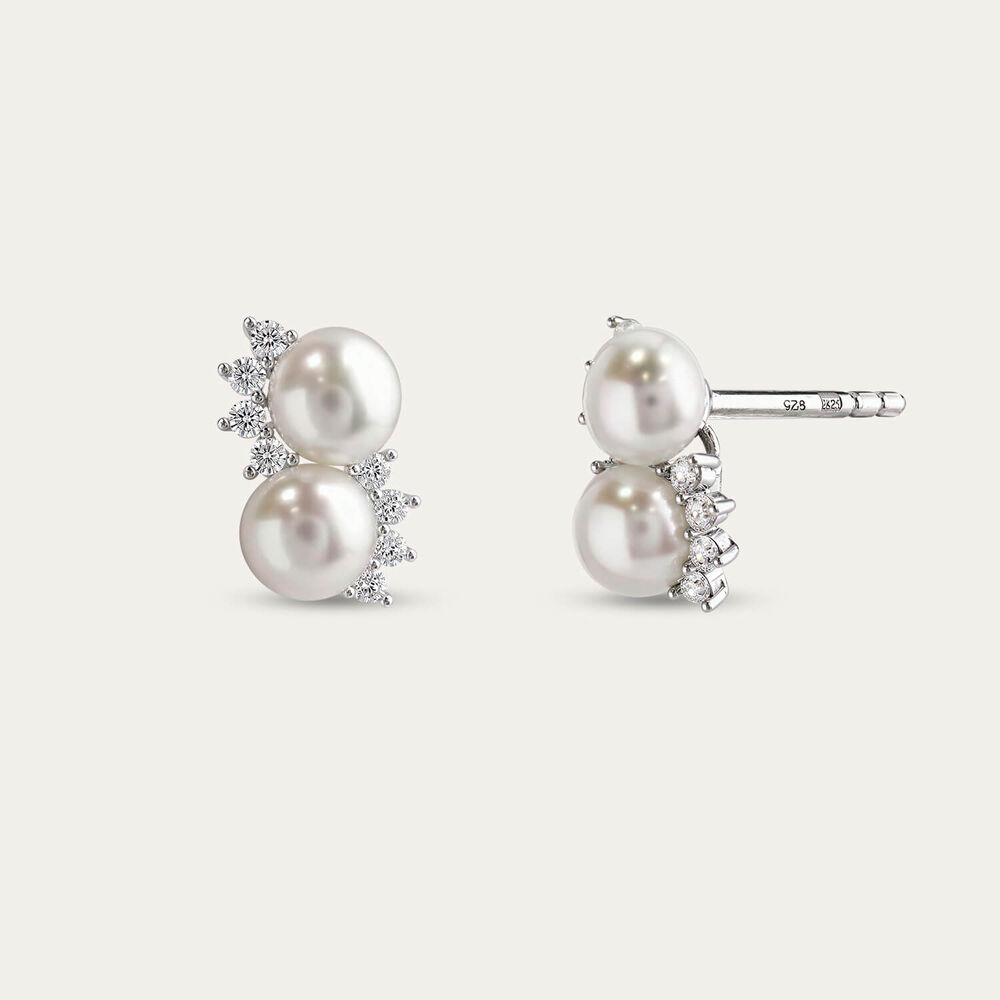 Sterling Silver Double Freshwater Pearl & Cubic Zirconia Twist Stud Earrings