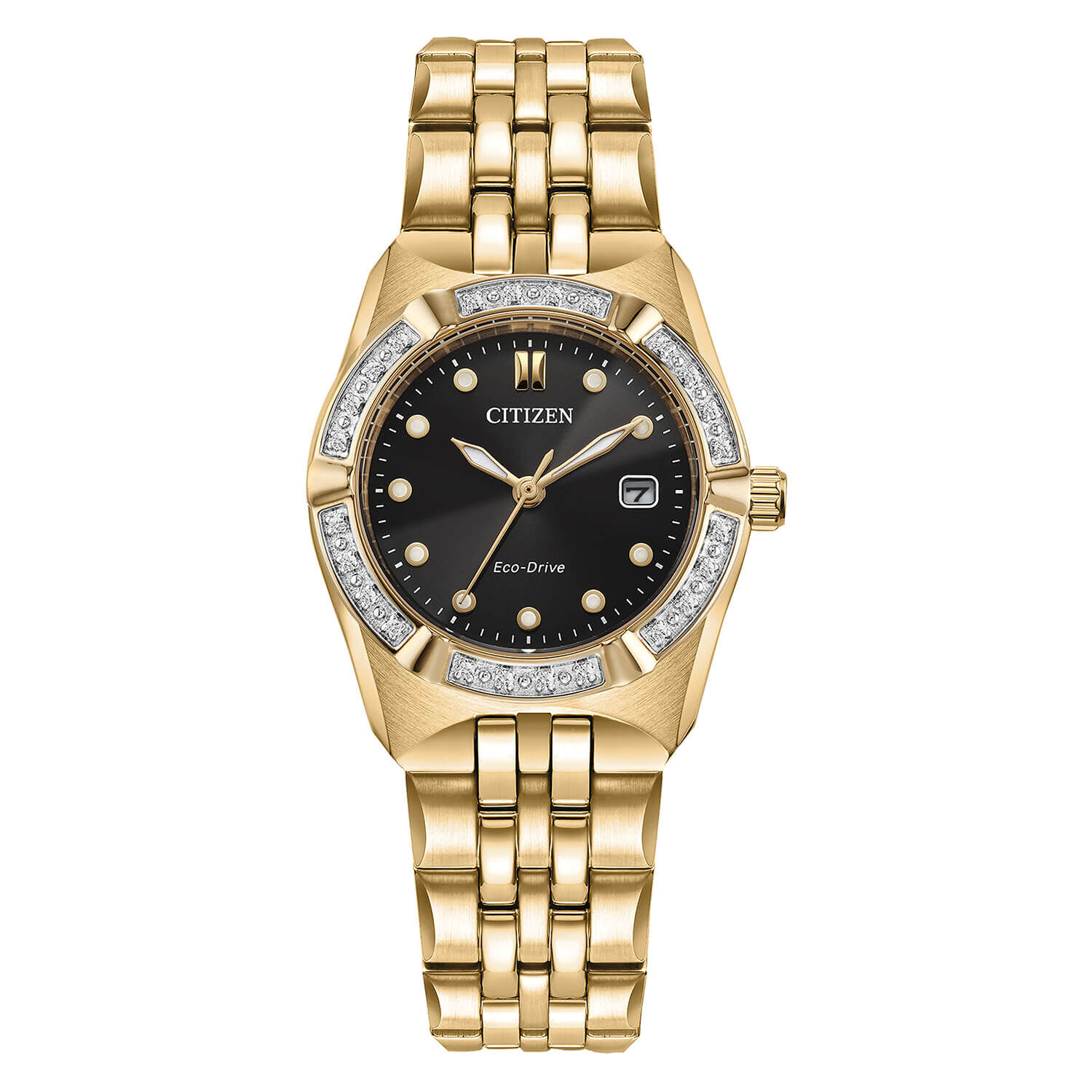 Citizen Eco Drive Corso 28mm Black Dial Diamond Bezel Yellow Gold Steel Bracelet Watch