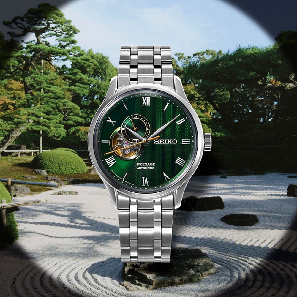 Seiko Presage 'Japanese Zen Gardens' 41.8mm Fern Green Dial Steel Bracelet Watch image number 2