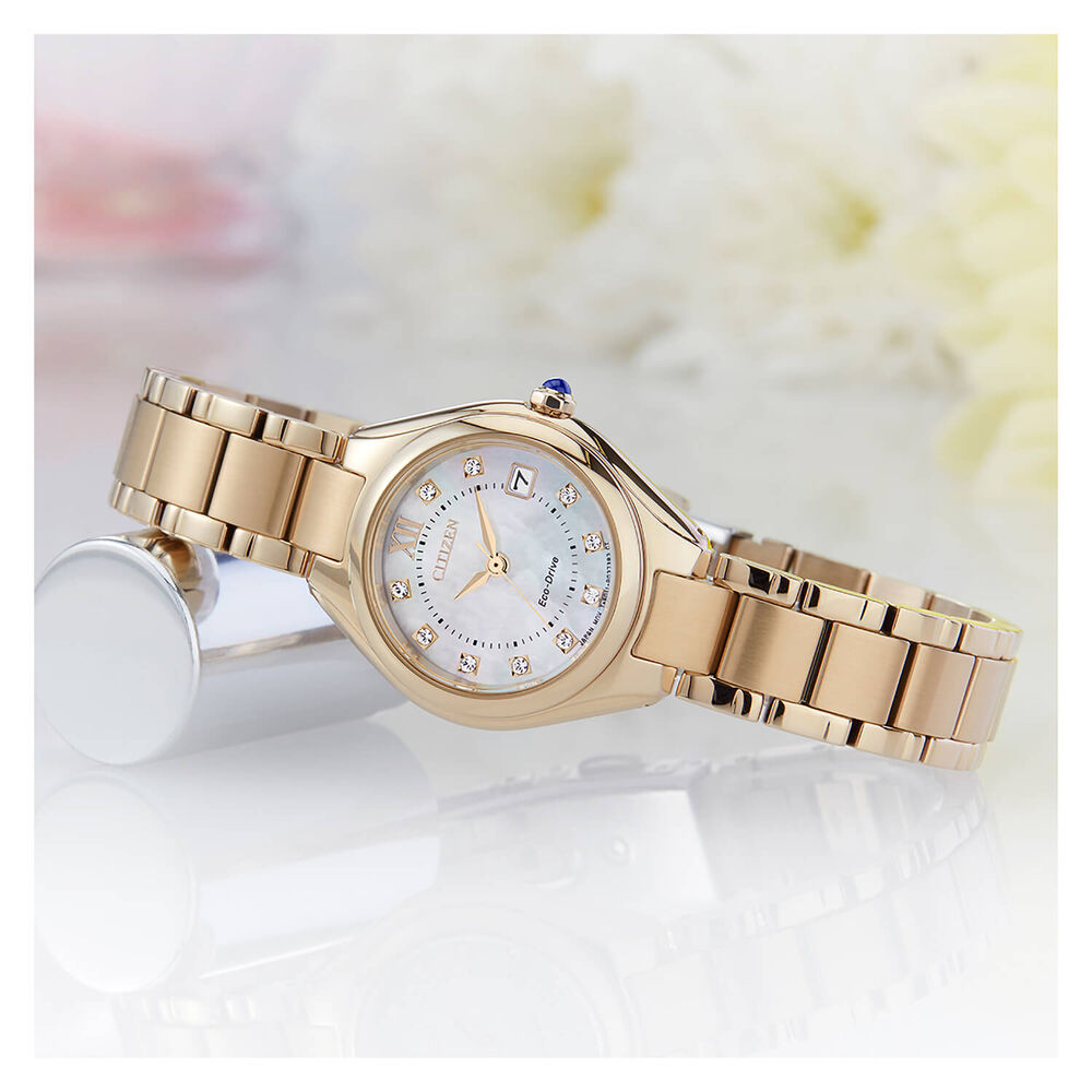 Citizen Eco Drive Mother of Pearl Dial Rose Gold IP Case Bracelet Watch