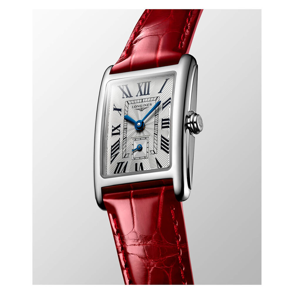 Longines DolceVita Silver With Roman Numeral Dial Steel Case Red Strap Watch image number 2
