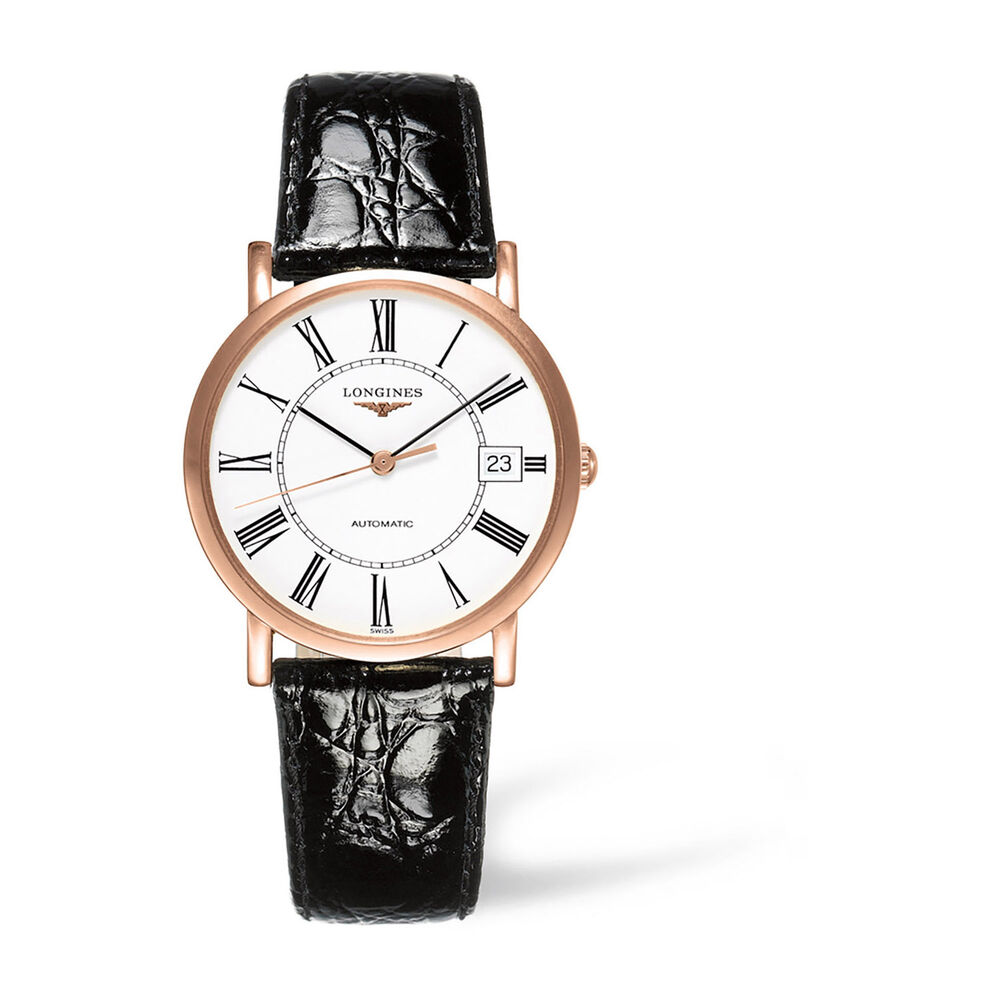Pre-Owned Longines Elegance 34.5mm White Dial 18ct Rose Gold Case Black Leather Strap Watch image number 0