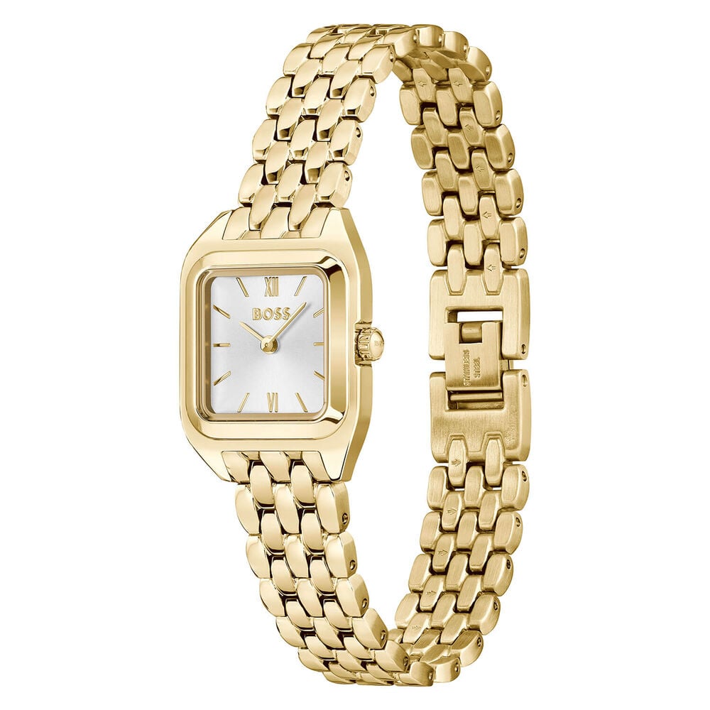 BOSS Mae Petite 22mm Square Silver Dial Gold Tone Steel Bracelet Watch image number 2
