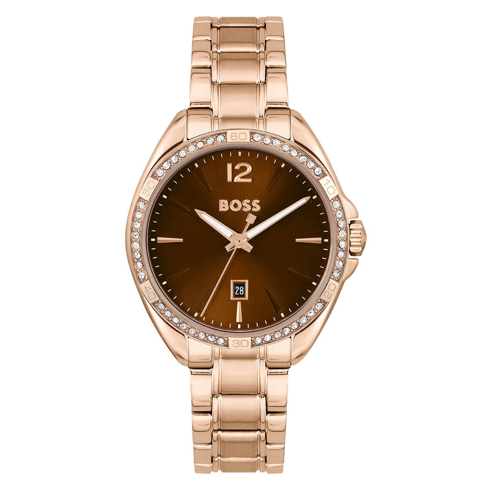 BOSS Felina 32mm Quartz Brown Dial Cubic Zirconia Bezel Rose Gold IP Case Bracelet Watch image number 0