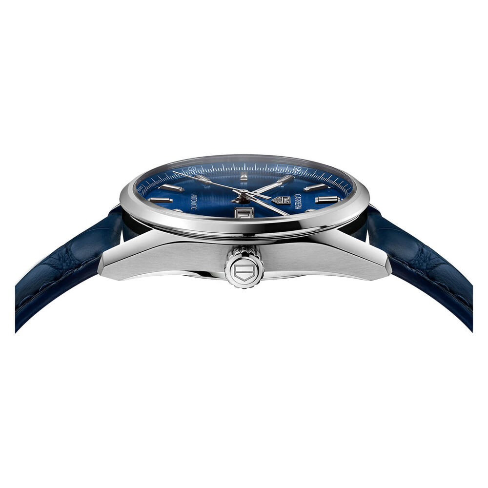 TAG Heuer Carrera Day-Date 41mm Automatic Blue Dial Steel Case Blue Leather Strap Watch image number 2