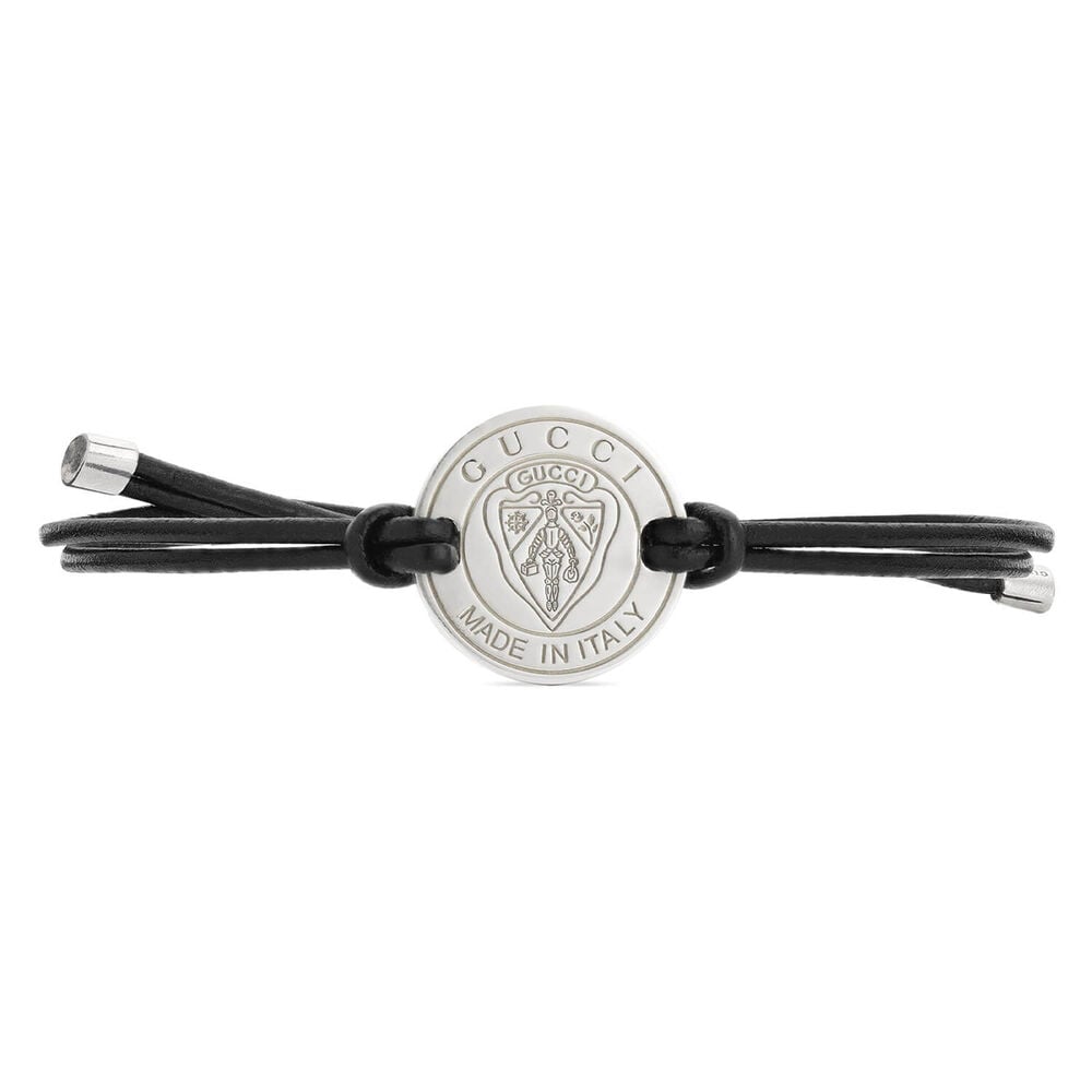 Gucci Crest Black Leather Cord Sterling Silver Disk Bracelet