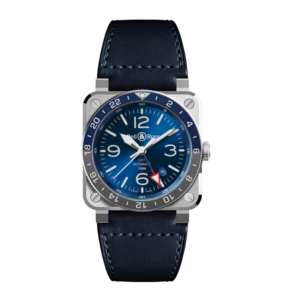 Bell & Ross BR03-93 GMT Blue Dial Blue Leather Strap Watch