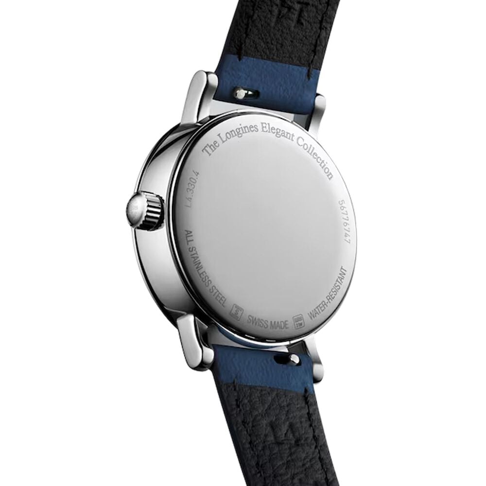 Longines Elegant Moonphase 30mm White Matte Dial Blue Leather Strap Watch