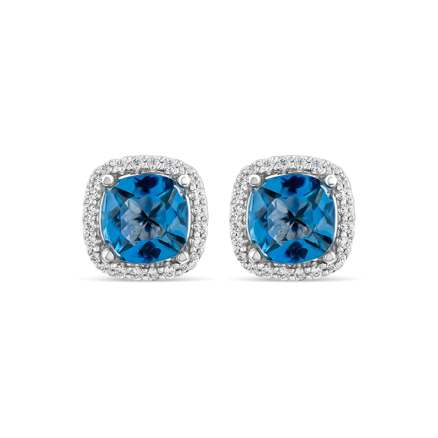 9ct White Gold Cushion London Blue Topaz 0.15ct Diamond Stud Earrings