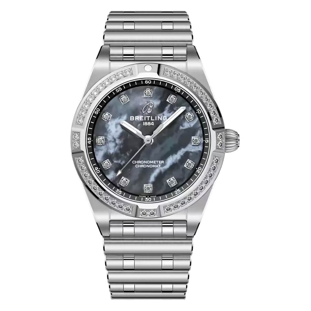 Breitling Chronomat 28mm Black MOP Dial Diamond Dots Steel Bracelet Watch image number 0