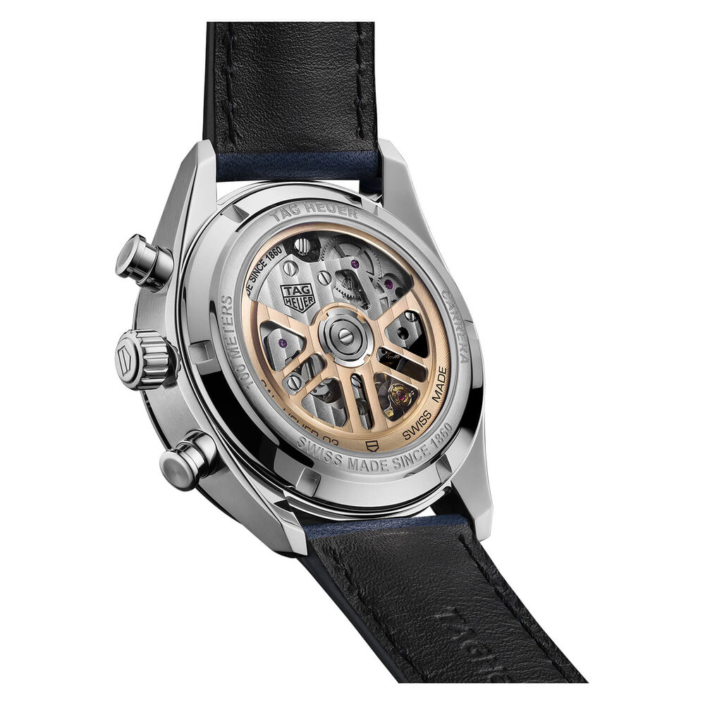 TAG Heuer Carrera Chronograph 42mm Blue Dial Red Details Leather Strap Watch image number 5