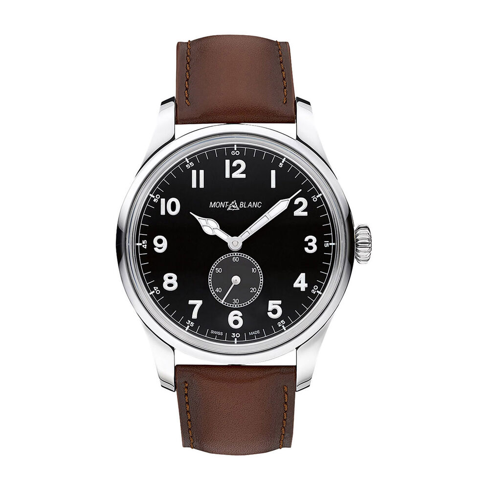 Montblanc 1858 automatic black dial steel case brown leather strap