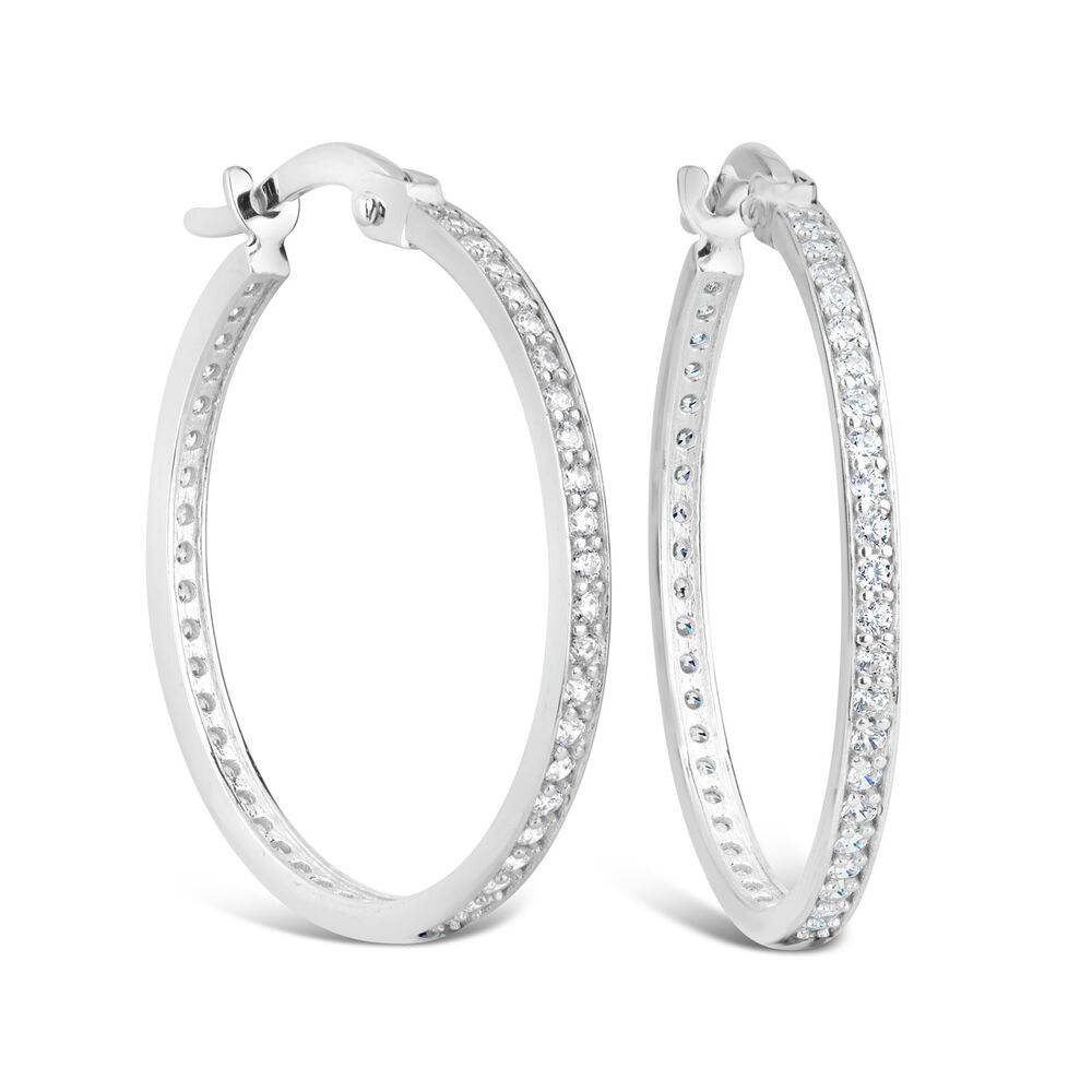 9ct White Gold & Cubic Zirconia Medium Hoop Earrings