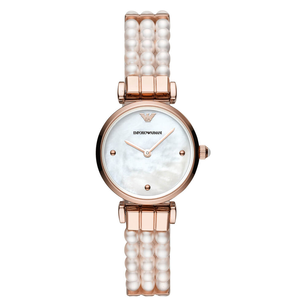 Emporio Armani Gianni 28mm Quartz White Dial Rose Gold PVD Case Pearl Bracelet Watch