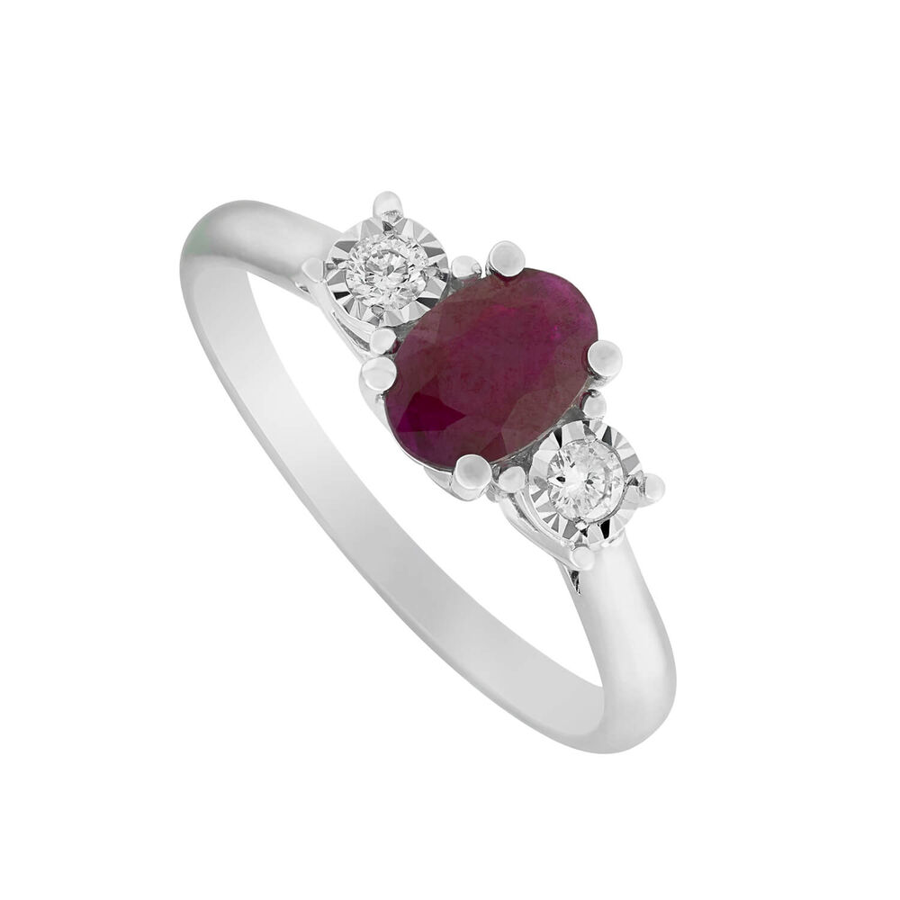 9ct white gold oval ruby and diamond three stone ring