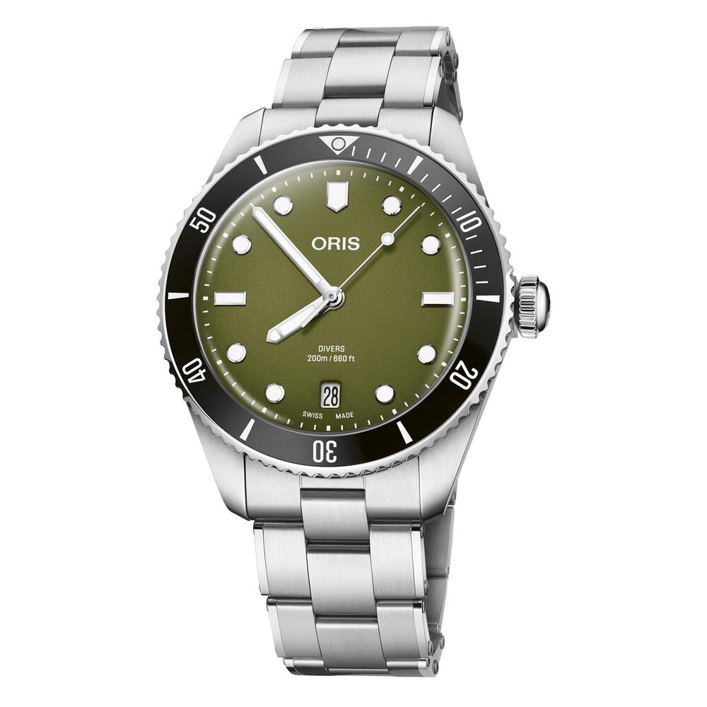 Oris Divers Date 39mm Olive Green Dial Steel Bracelet Watch
