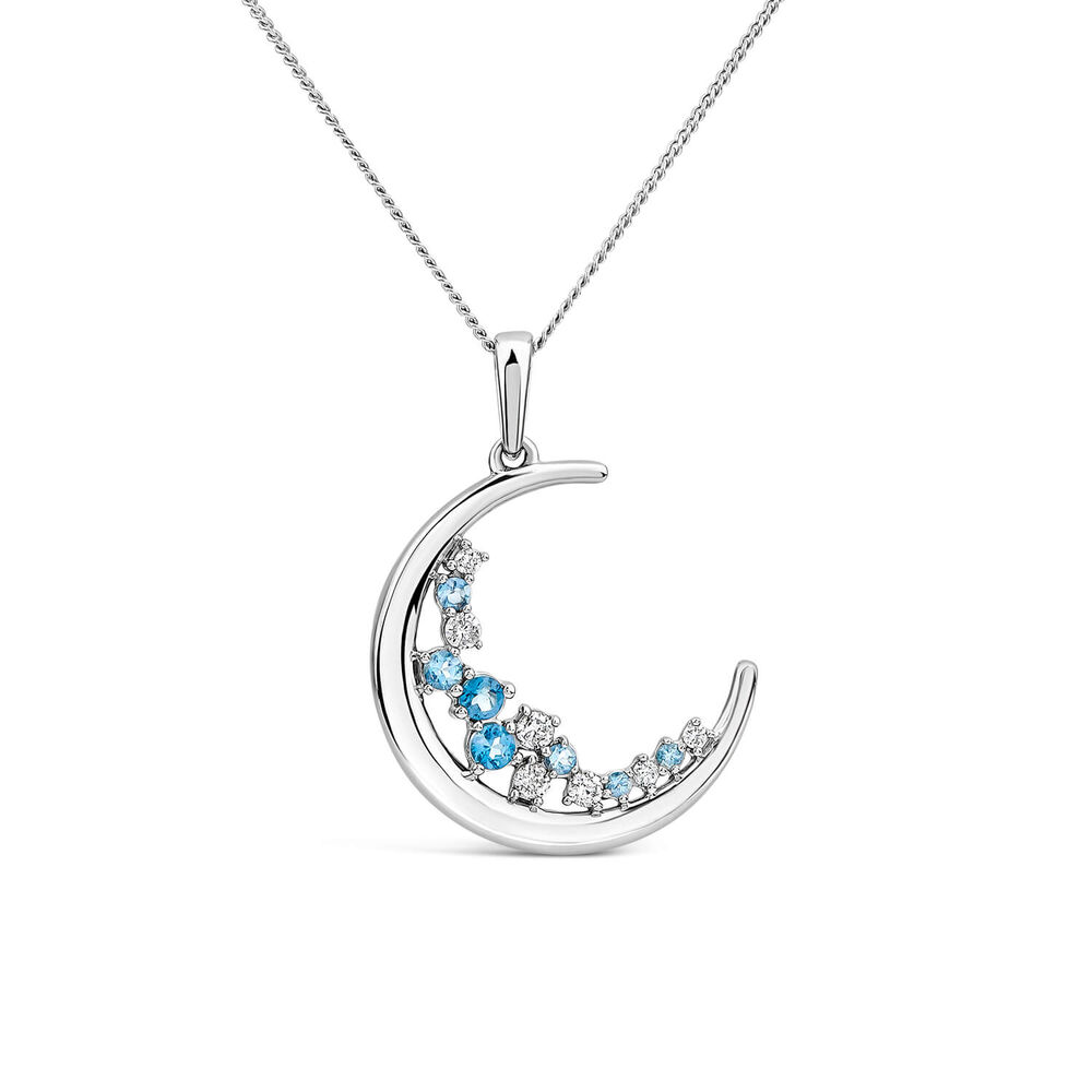 9ct White Gold Blue Topaz & Diamond Set Half Moon Pendant image number 0