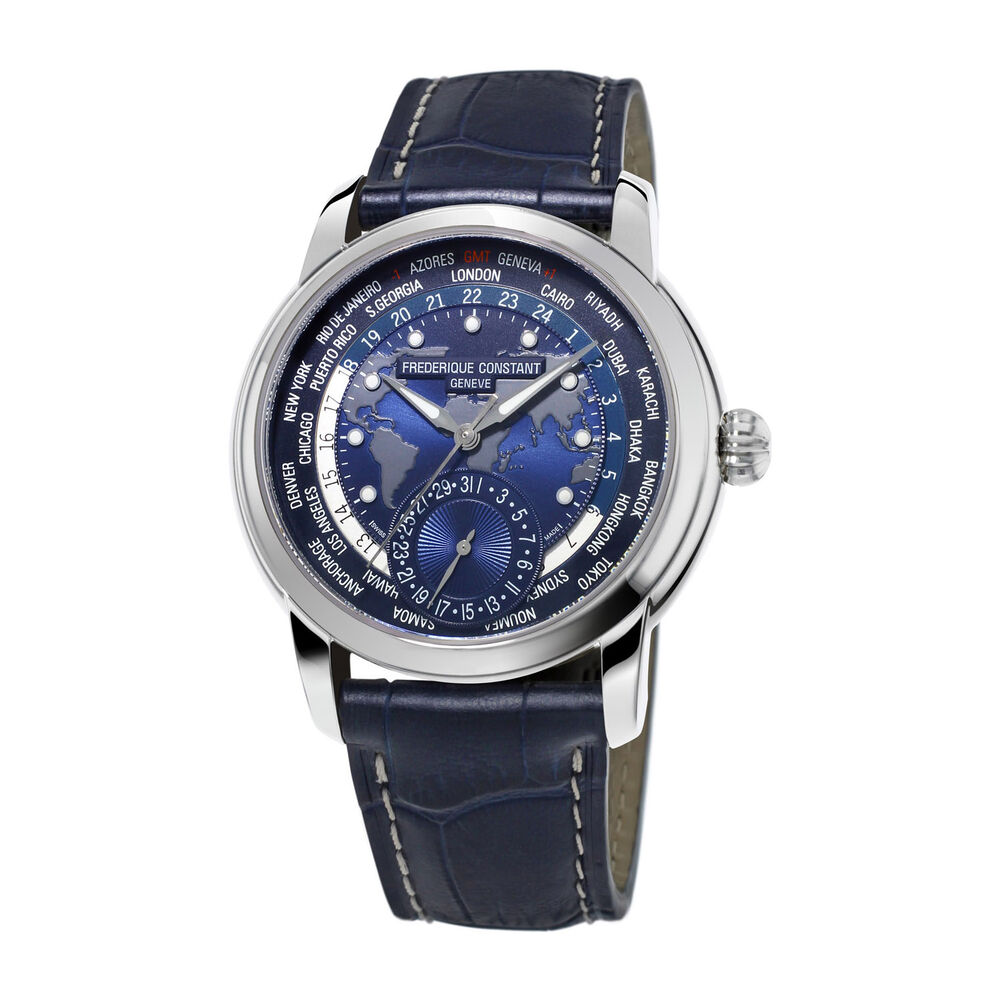 Pre-Owned Frederique Constant Classics Worldtimer 42mm Blue Dial Leather Strap Watch