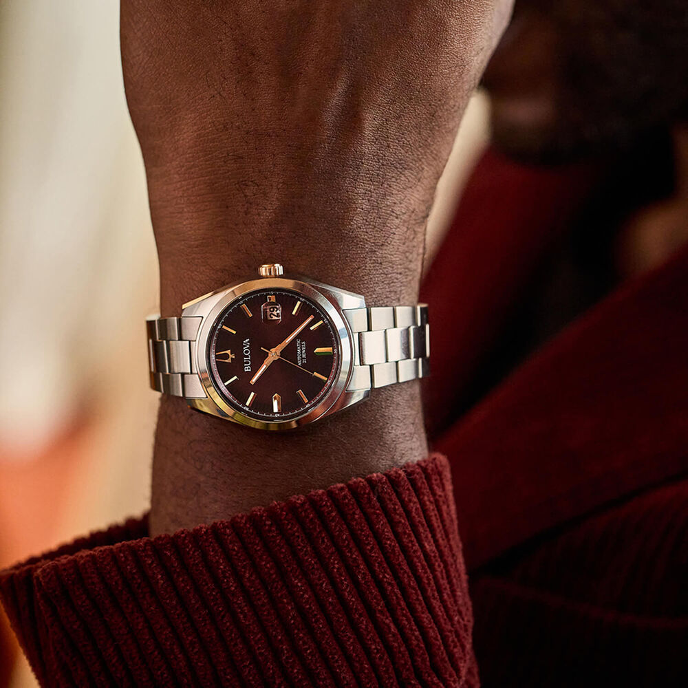 Bulova Surveyor Automatic 39mm Burgundy Dial Steel Bracelet Watch image number 4