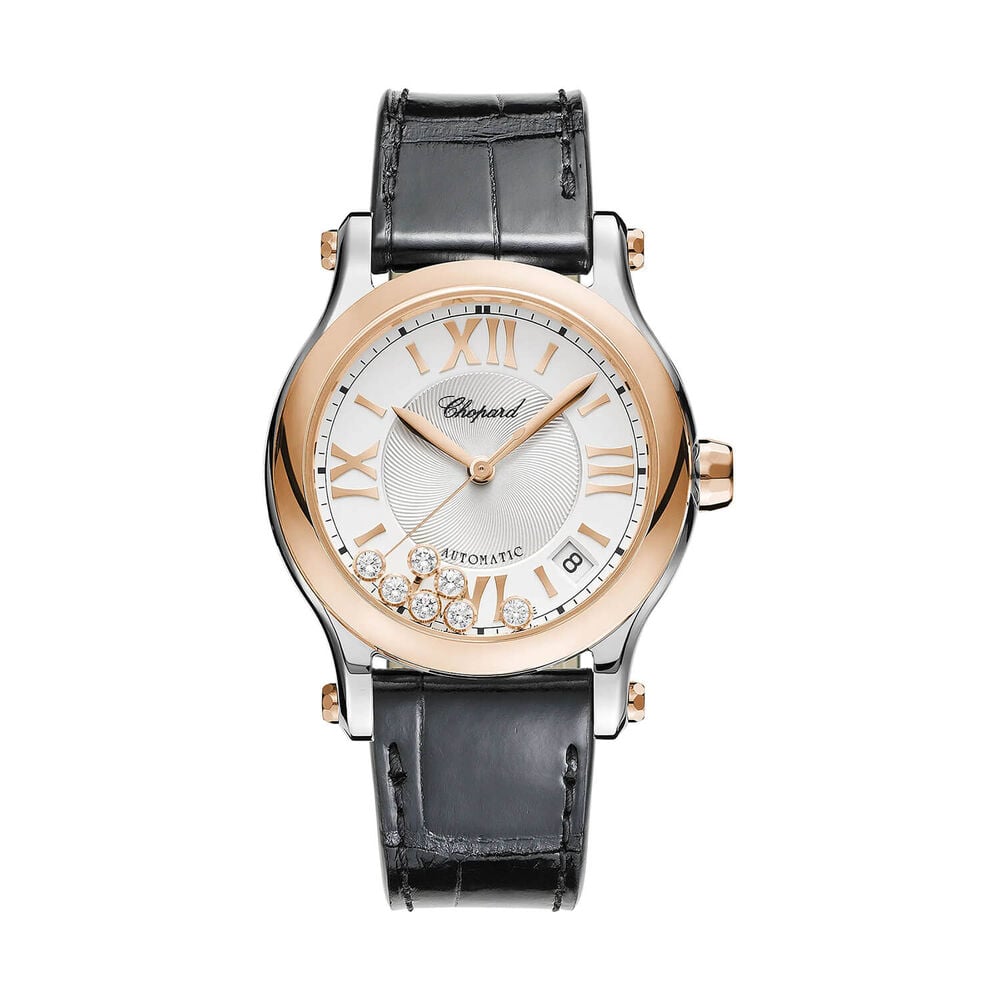 Chopard Happy Sports 36mm Silver Dial Dancing Diamonds Black Leather Strap Watch