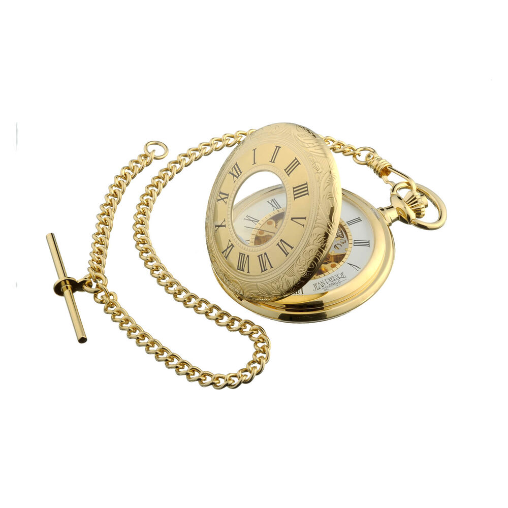 Jean Pierre gold-plated Half Hunter skeleton mechanical pocket watch