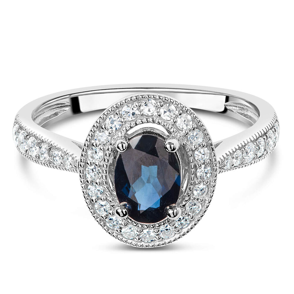 9ct White Gold Diamond Halo and Oval Sapphire Ring image number 4