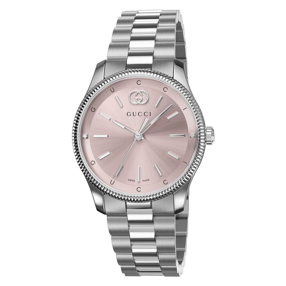 Gucci G-Timeless Quartz 29mm Pink Dial Diamond Dots Steel Bracelet Watch