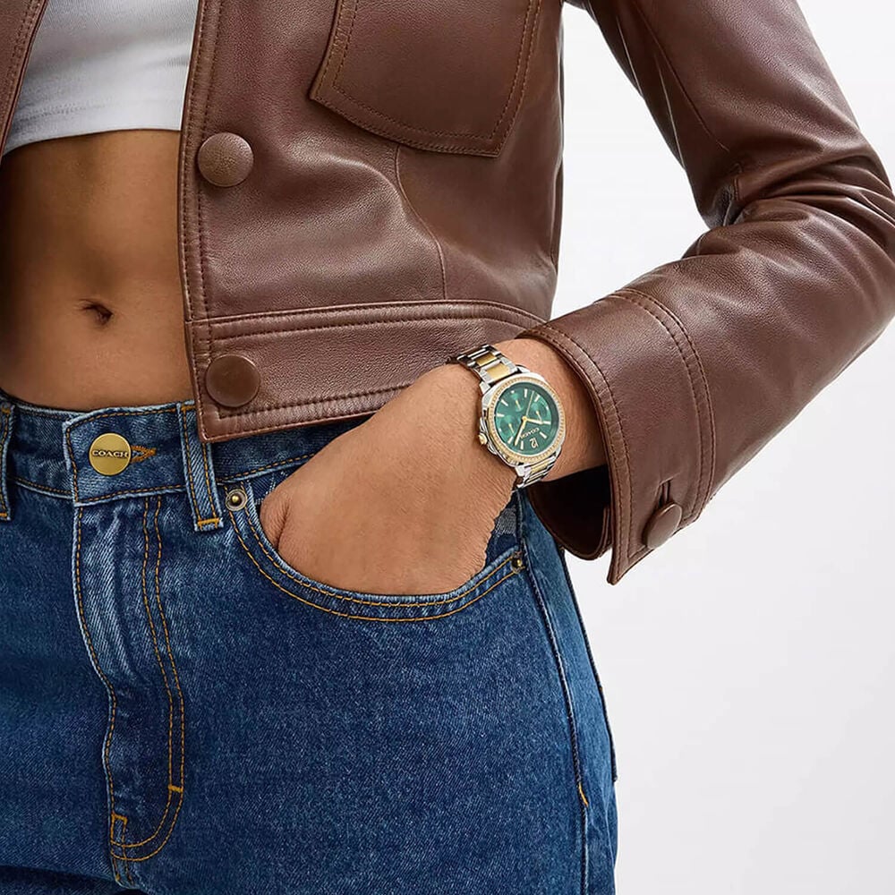 Coach Kitt 34mm Green Dial Crystal Bezel Two-Tone Steel Bracelet Watch