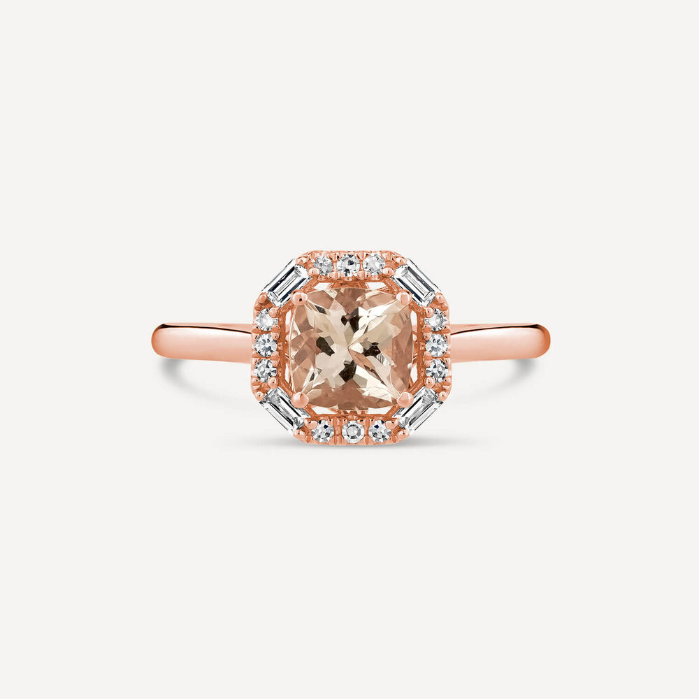 9ct Rose Gold Octagonal Morganite and Diamond Halo Ring