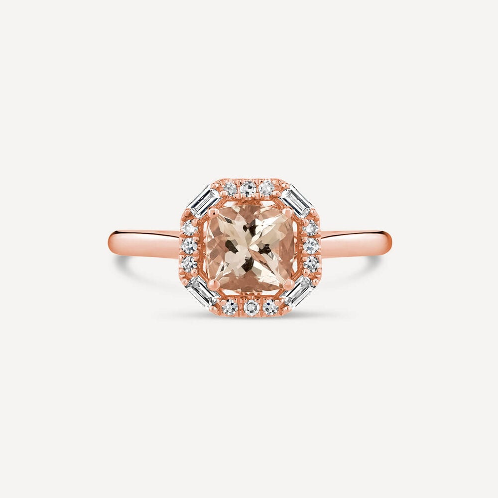 9ct Rose Gold Octagonal Morganite and Diamond Halo Ring image number 1