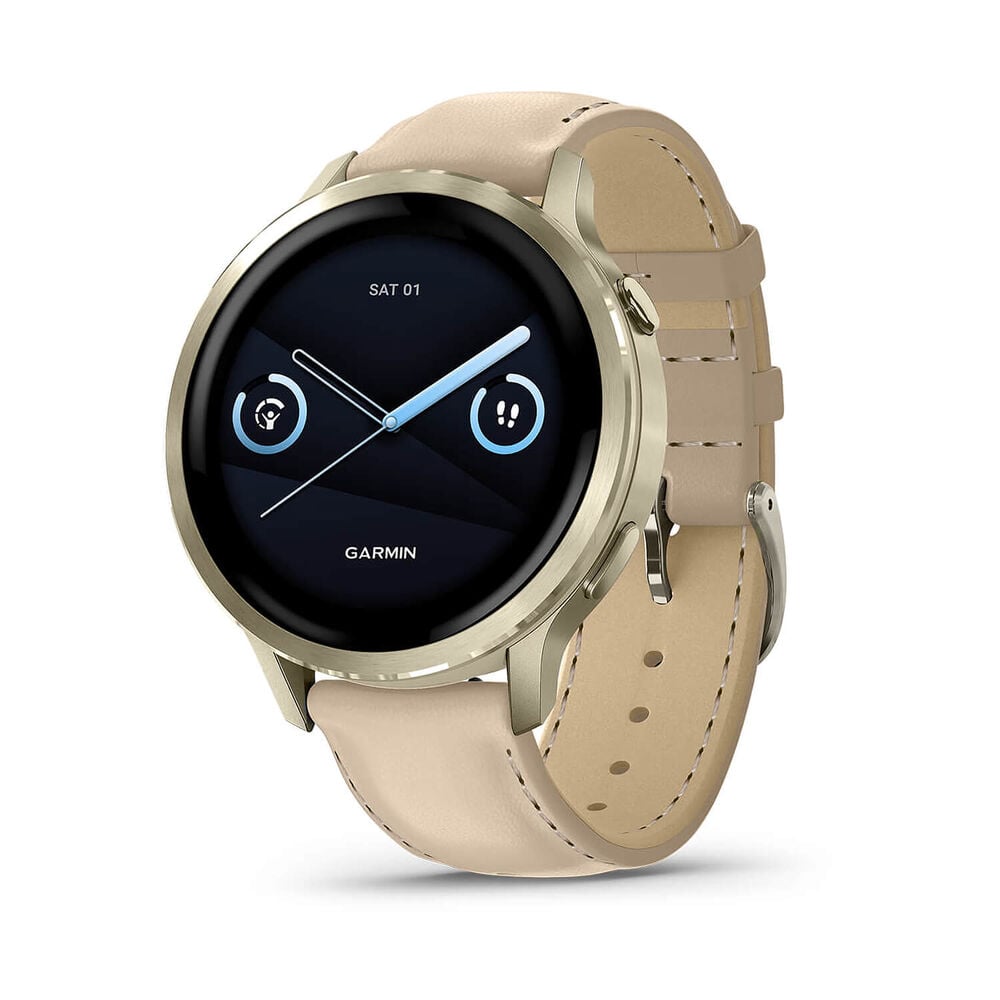 Garmin Venu 4 41mm Lunar Gold Bezel Light Sand Leather Strap Watch image number 0