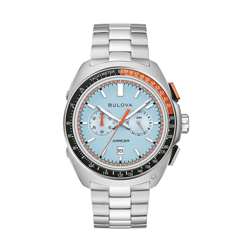 Bulova Racer Chronograph 42mm Blue Dial Black & Orange Bezel Steel Bracelet Watch image number 0