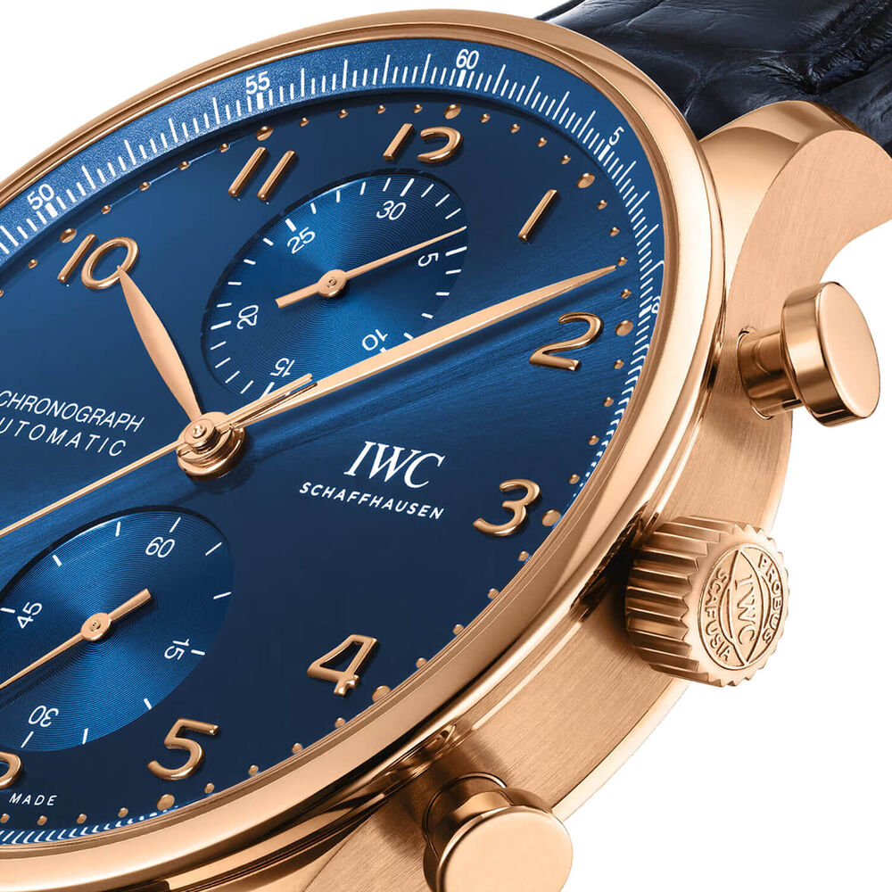IWC Schaffhausen Portugieser Chronograph 42mm Blue Dial 18ct 5N Gold Case Leather Watch image number 2