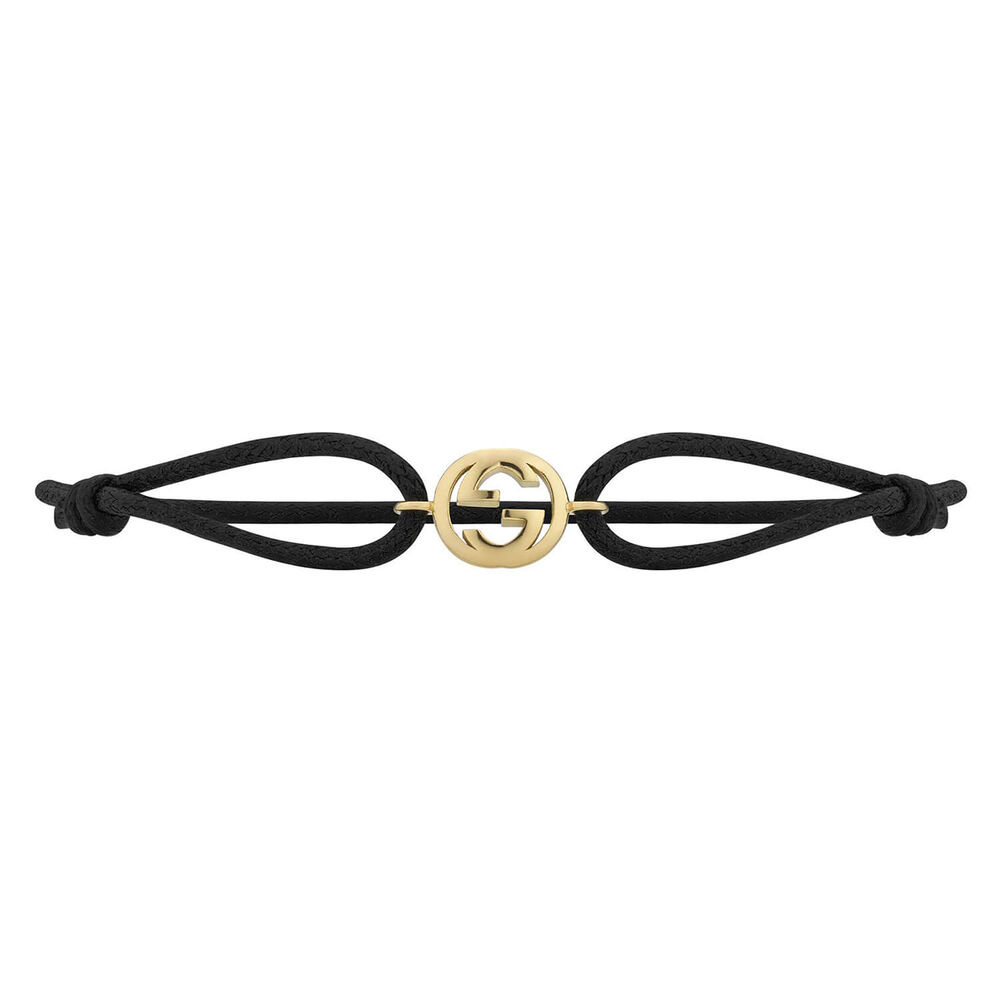 Gucci Interlocking G 18ct Yellow Gold Charm Black Cotton Cord Bracelet
