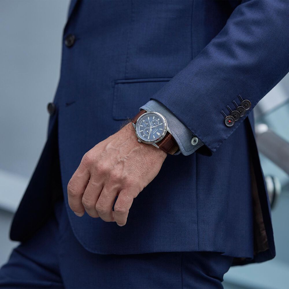Citizen Eco-Drive Corso Blue Dial Brown Leather Men's Watch image number 7